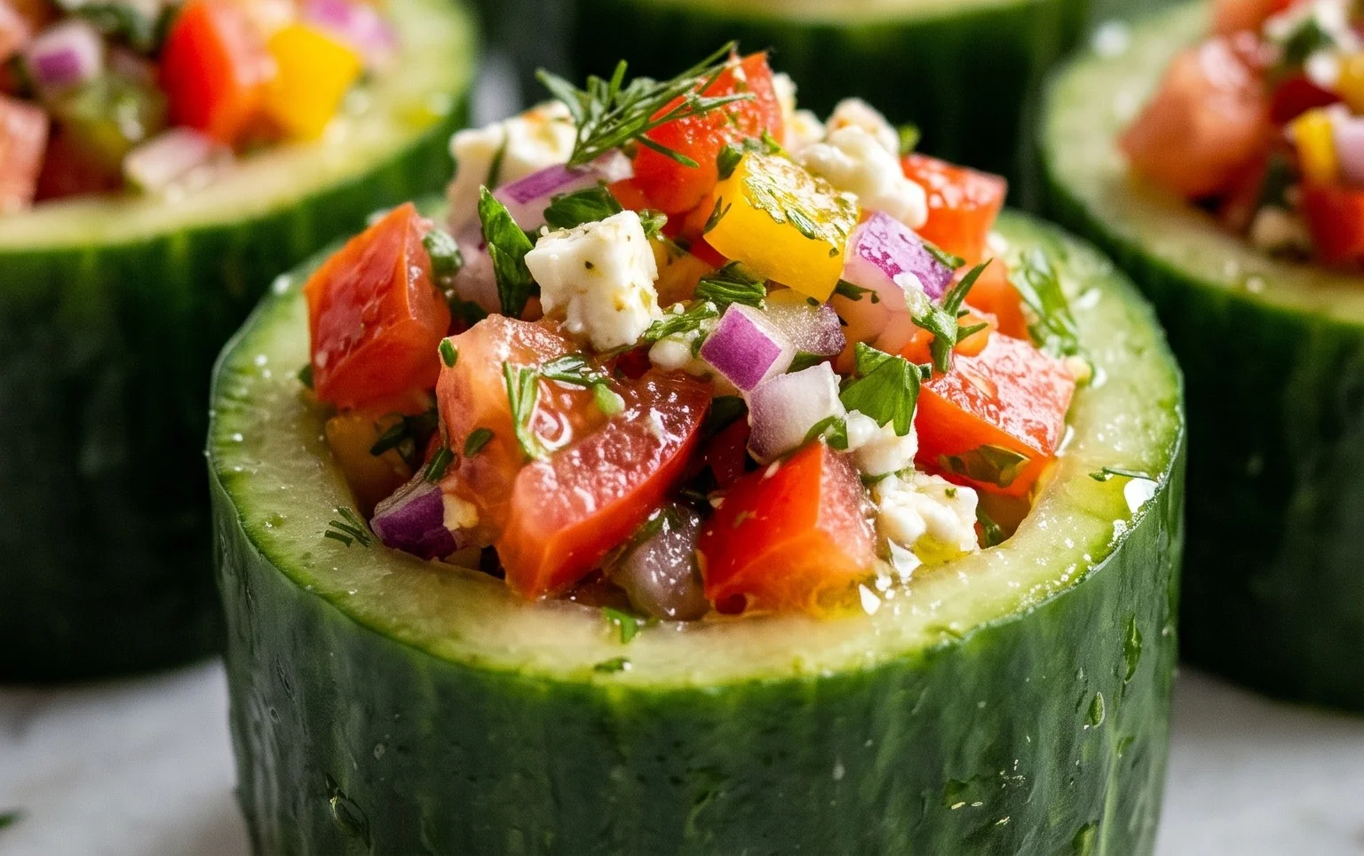 Simpel salade voorgerecht in komkommerbakje