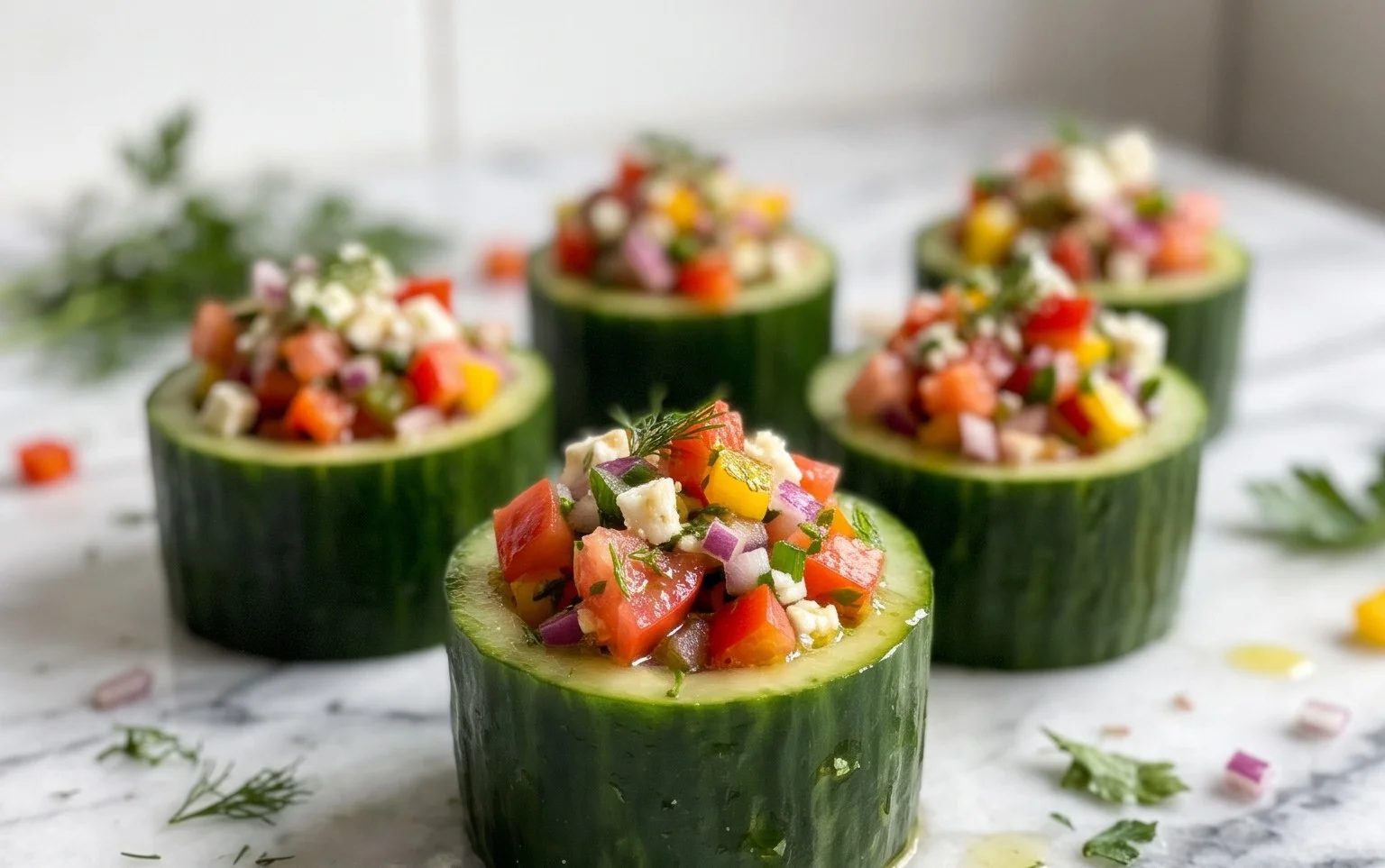 Simpel salade voorgerecht in komkommerbakje